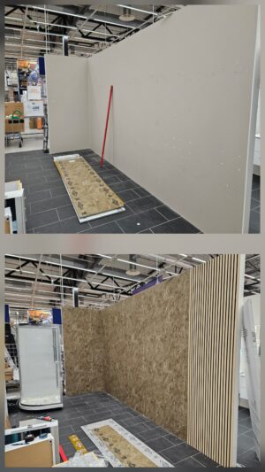 Kaupan malliseinä ennen ja jälkeen. Työhön kului noin 45 min 