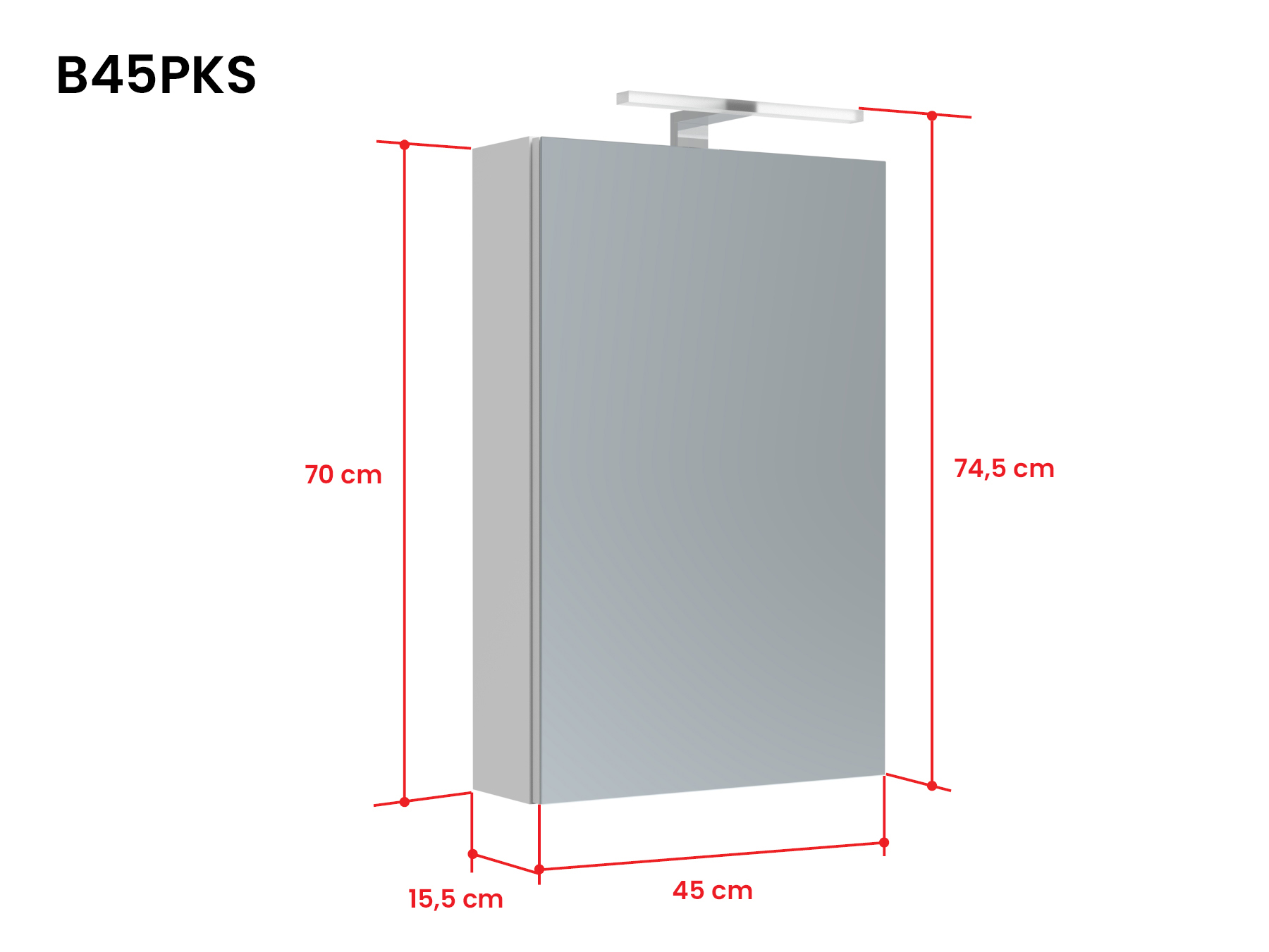 Bianco peilikaappi LED-valaisimella ja tuplapistorasialla B45PKS mittakuva