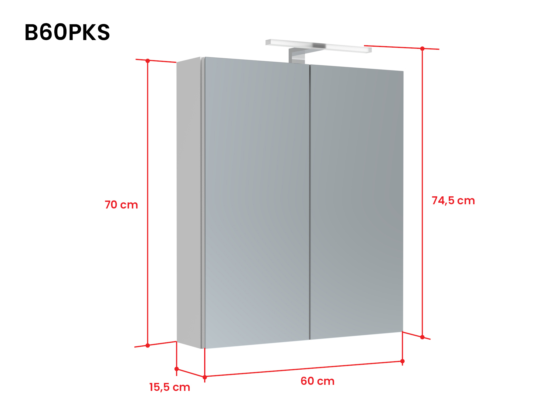 Bianco peilikaappi LED-valaisimella ja tuplapistorasialla B60PKS mittakuva